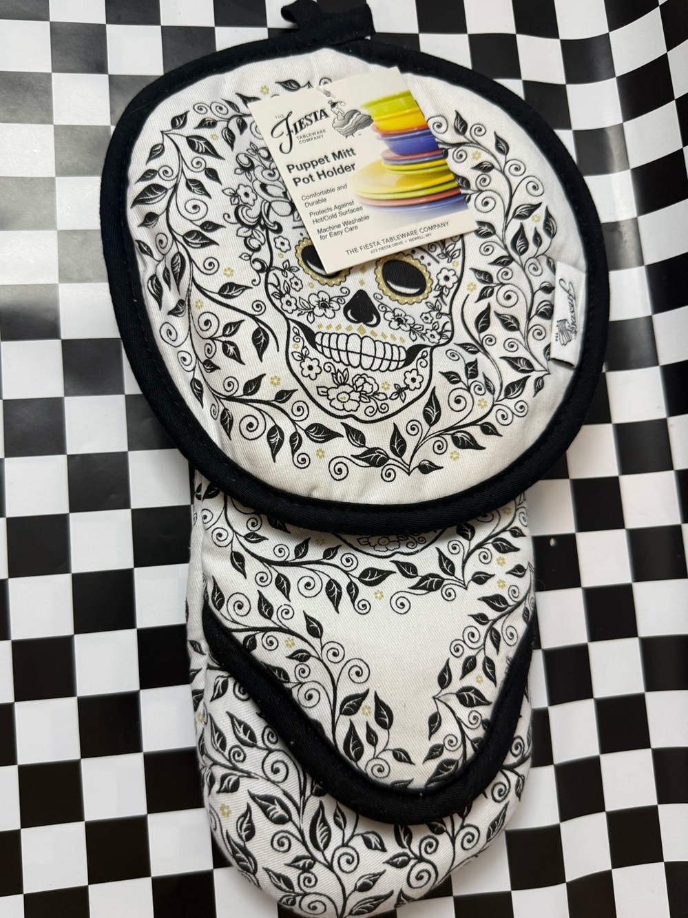 Fiesta Black & White Sugar Skull Puppet Mitt and Pot Holder Set